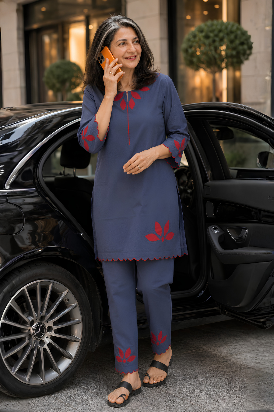 Blue Cotton Poplin Patchwork Kurta Pant Co-ord Set