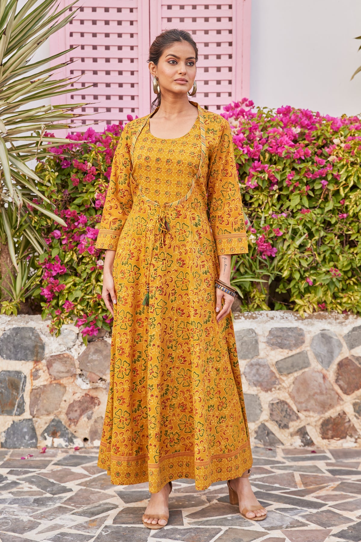 Mustard Ajrakh Print Maxi Anarkali