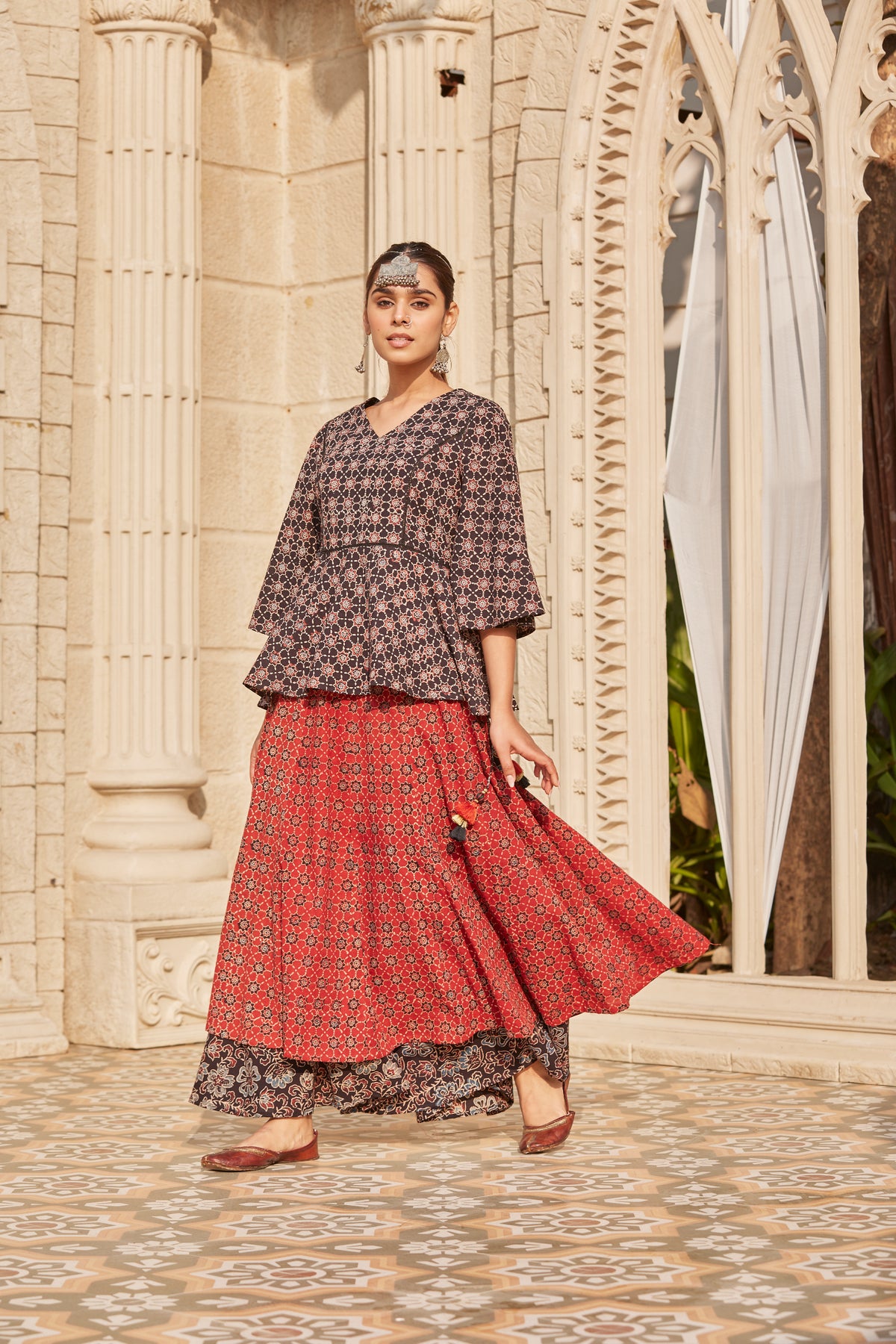 Buy Dual Layered Ajrakh Print Flared Long Skirt Online | The Vishnu Store