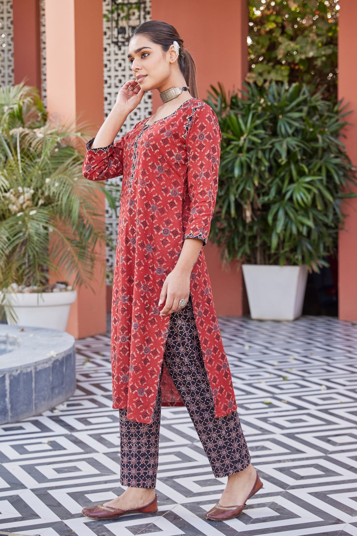 Embroidered Ajrakh Print Kurta
