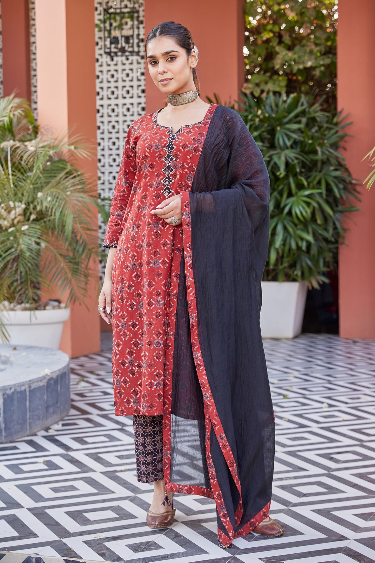 Embroidered Ajrakh Print Kurta for Women Online
