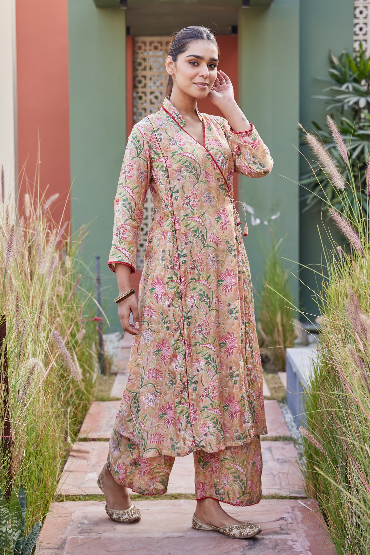 Brown Hand Block Print Angrakha Kurta for Women