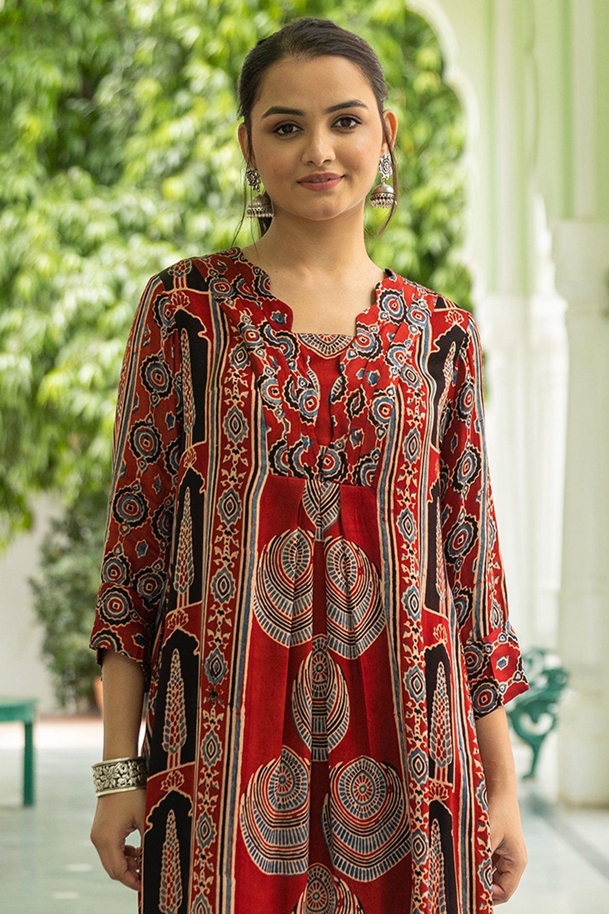 Red Modal Pleated Dress with Ajrakh Hand Block Print