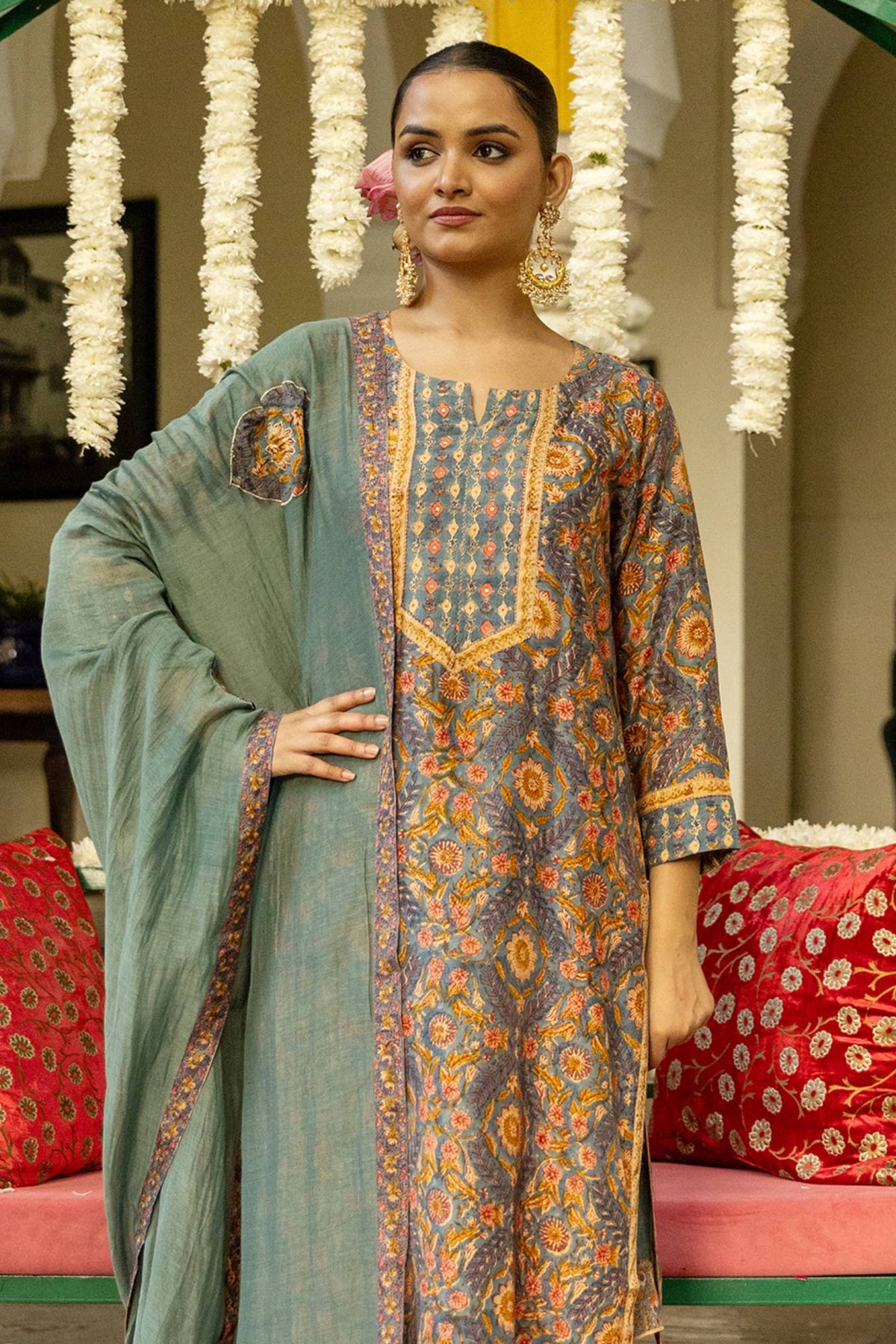 Mul Chanderi Patchwork Dupatta in Turquoise Green