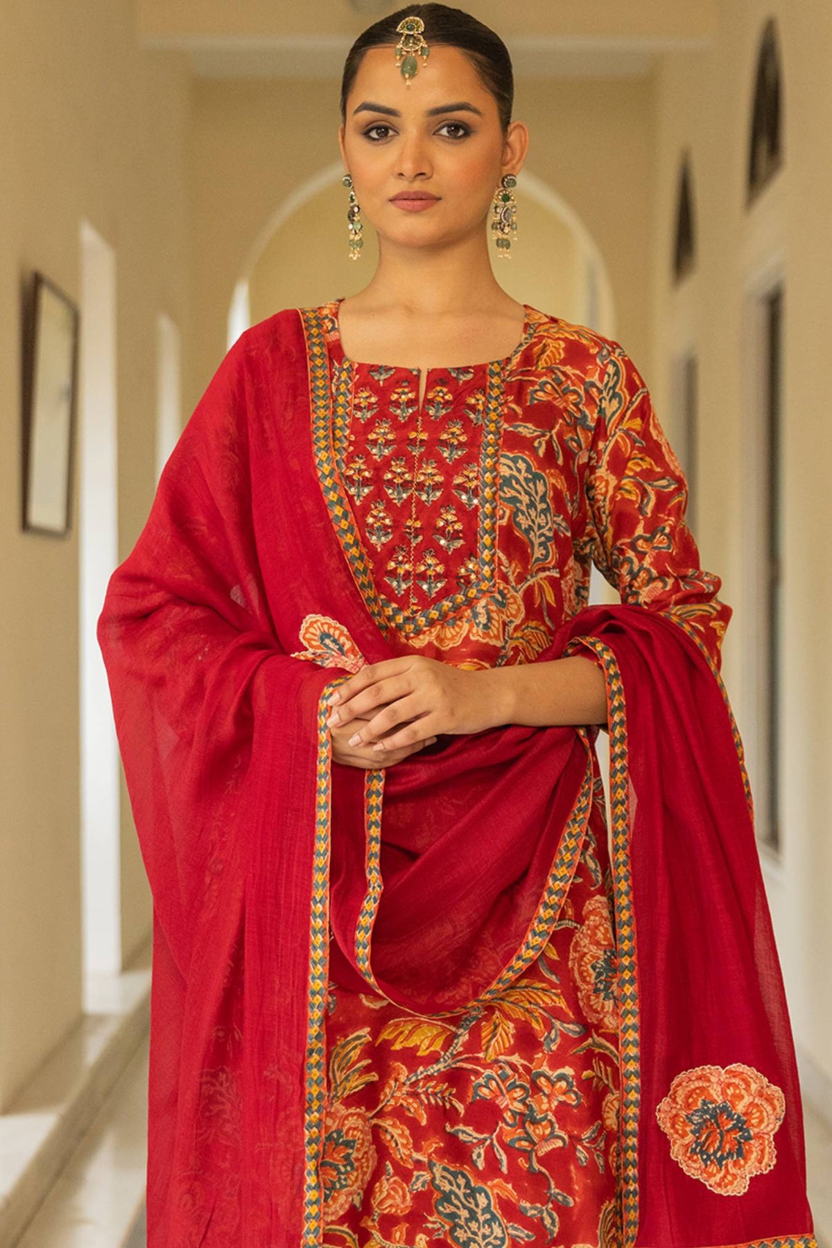 Festive Suit Set in Red Printed Muslin with Chanderi Patch Dupatta
