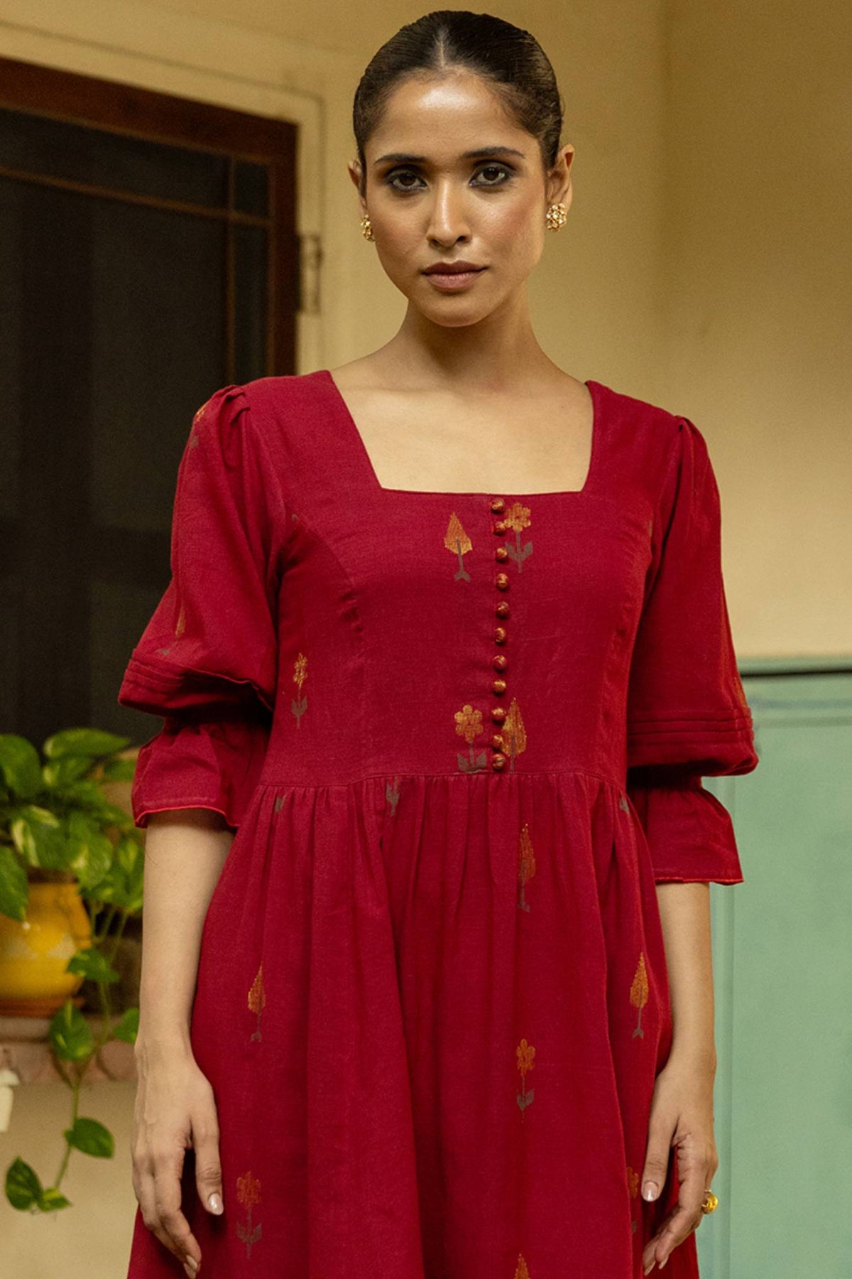 Maroon Jamdani Handwoven Cotton Dress with Square Neckline