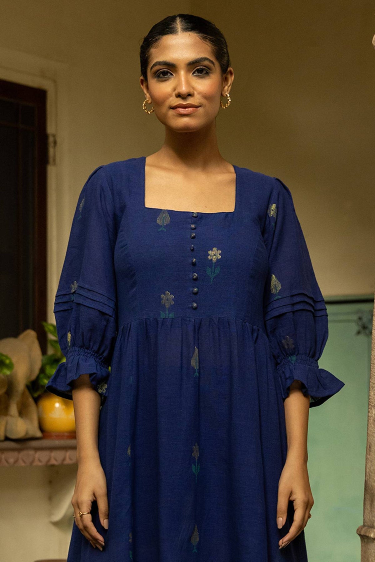 Blue Jamdani Handwoven Cotton Dress with Elasticated Back