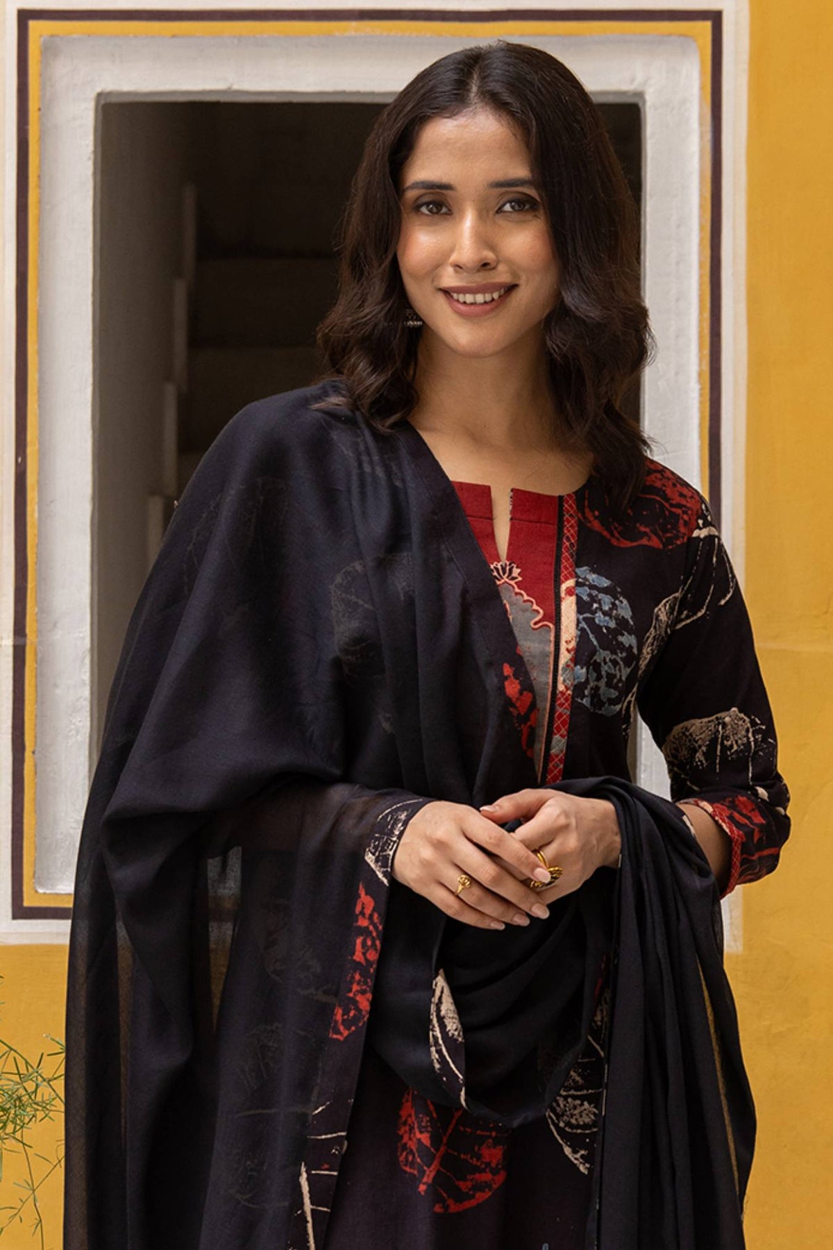 Black Cotton Dupatta with Ajrakh Patchwork and Tassels