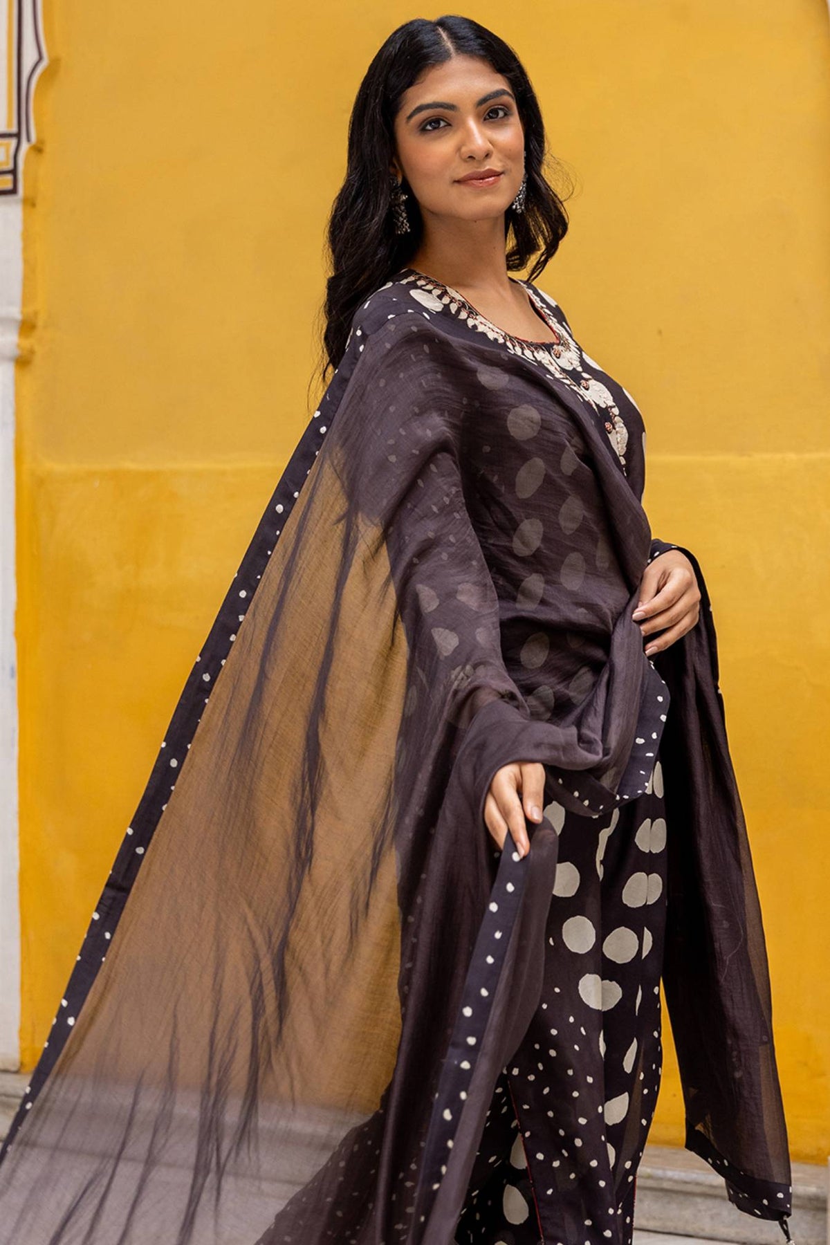Soft Black Chanderi Dupatta with Bagru Patchwork