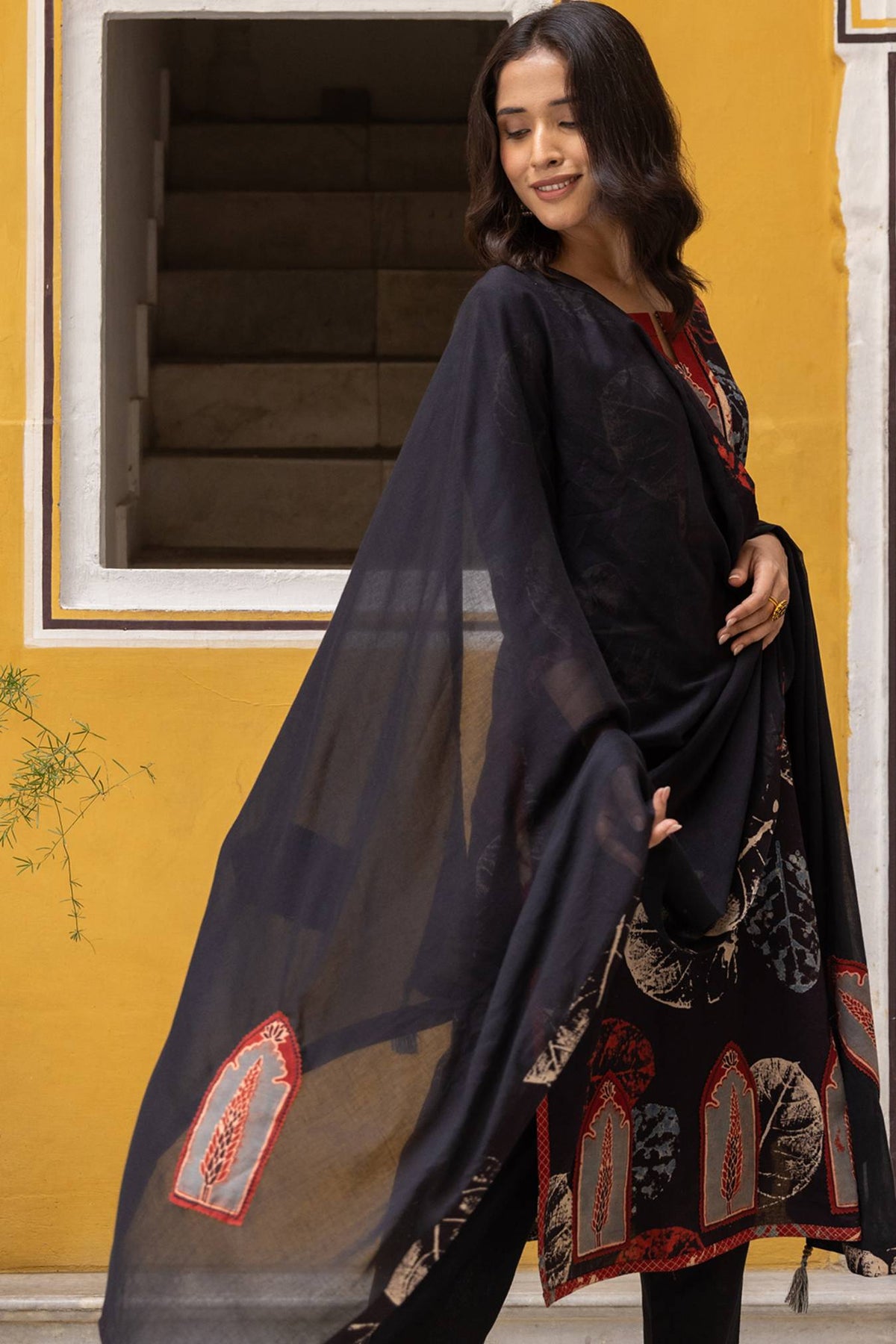 Black Cotton Dupatta with Ajrakh Patchwork and Tassels