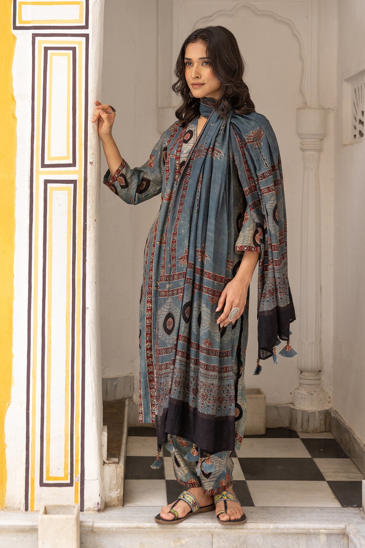 3-piece printed suit set with ajrakh patchwork