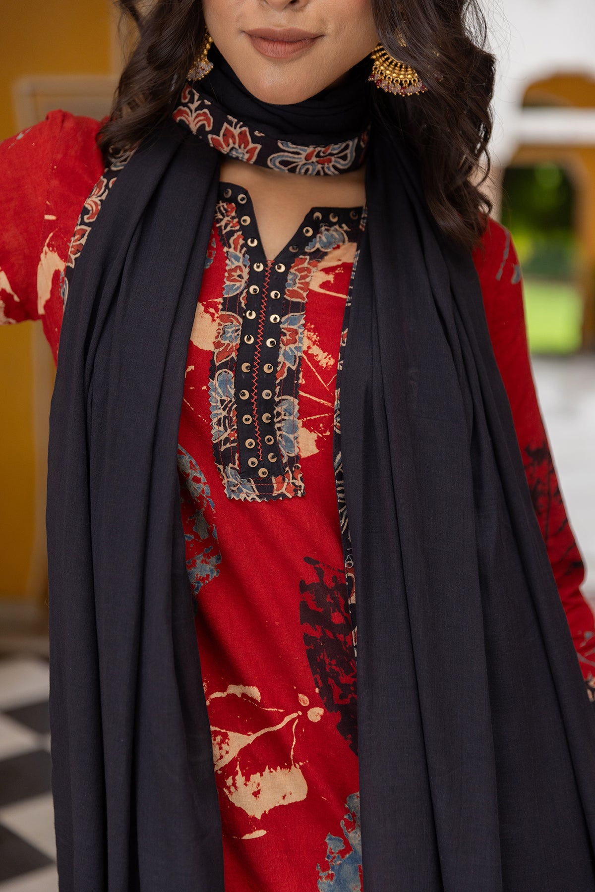 Black Cotton Dupatta with Ajrakh Printed Sides