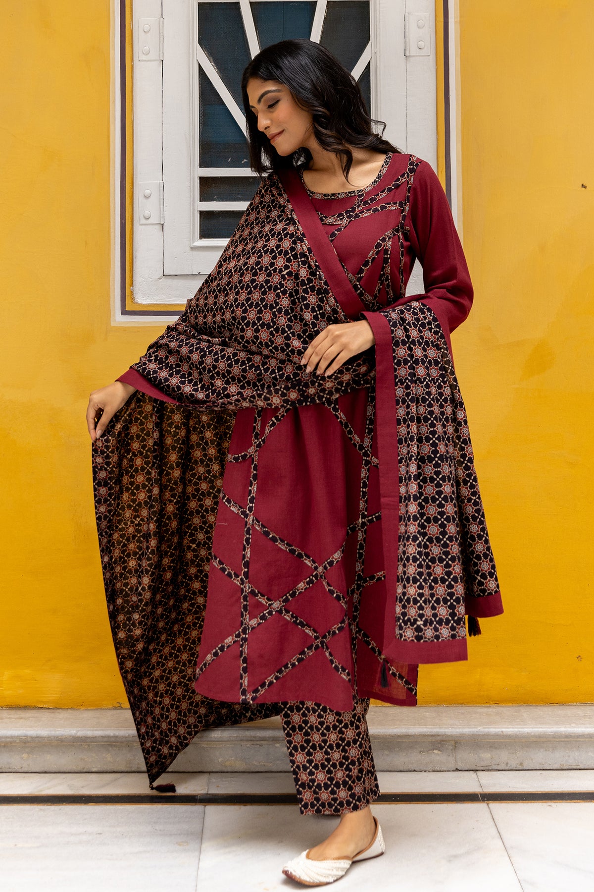 Cotton Ajrakh Print Dupatta with Plain Side Border and Tassels