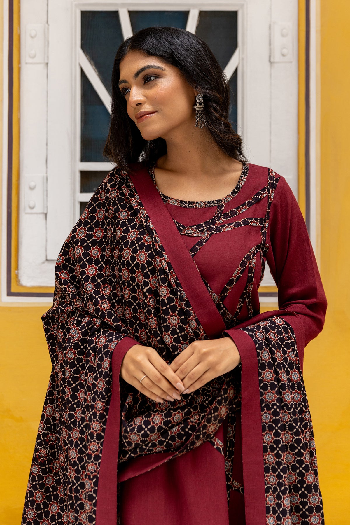 Cotton Ajrakh Print Dupatta with Plain Side Border and Tassels