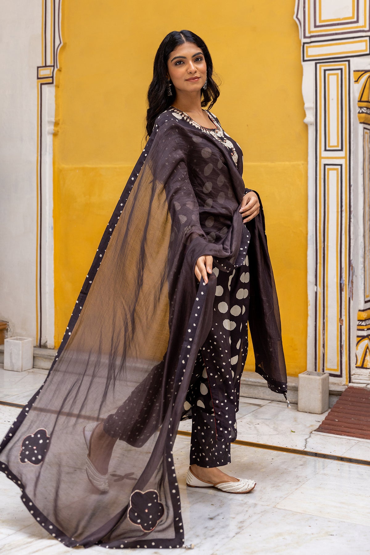 Soft Black Chanderi Dupatta with Bagru Patchwork