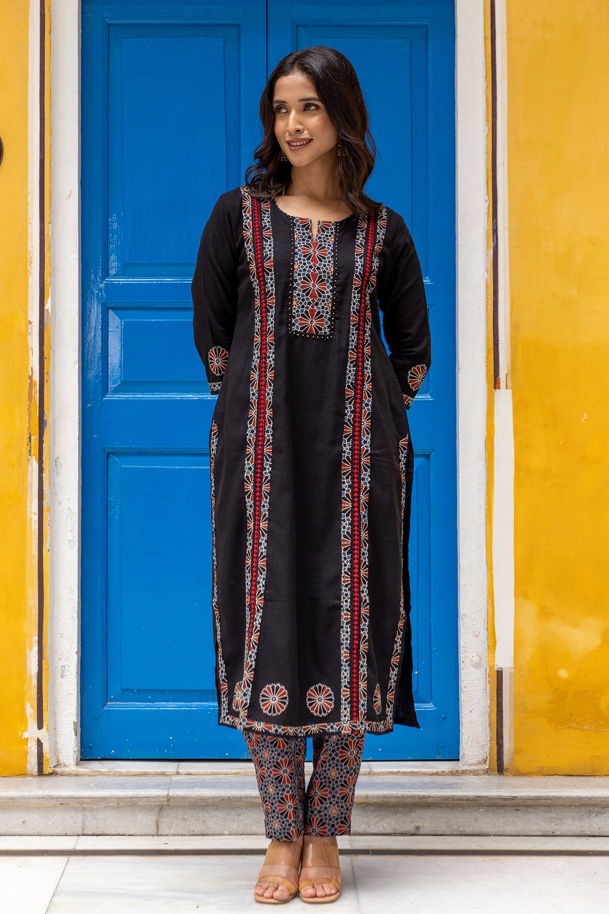 solid black long kurta with patchwork