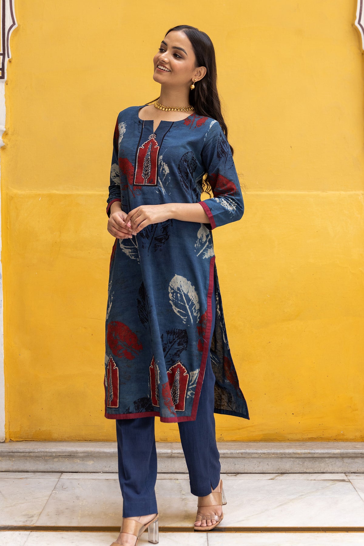 Ajrakh Blue Abstract leaf Print Kurta with Patchwork