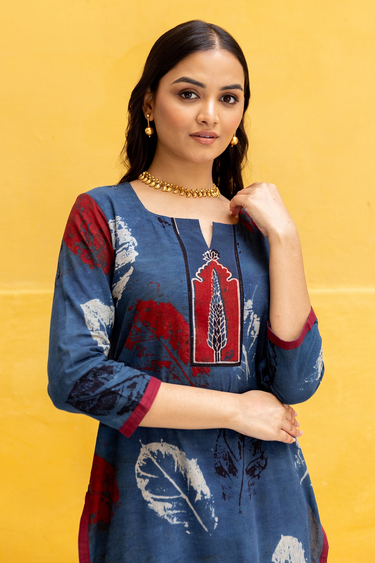 Ajrakh Blue Abstract leaf Print Kurta with Patchwork