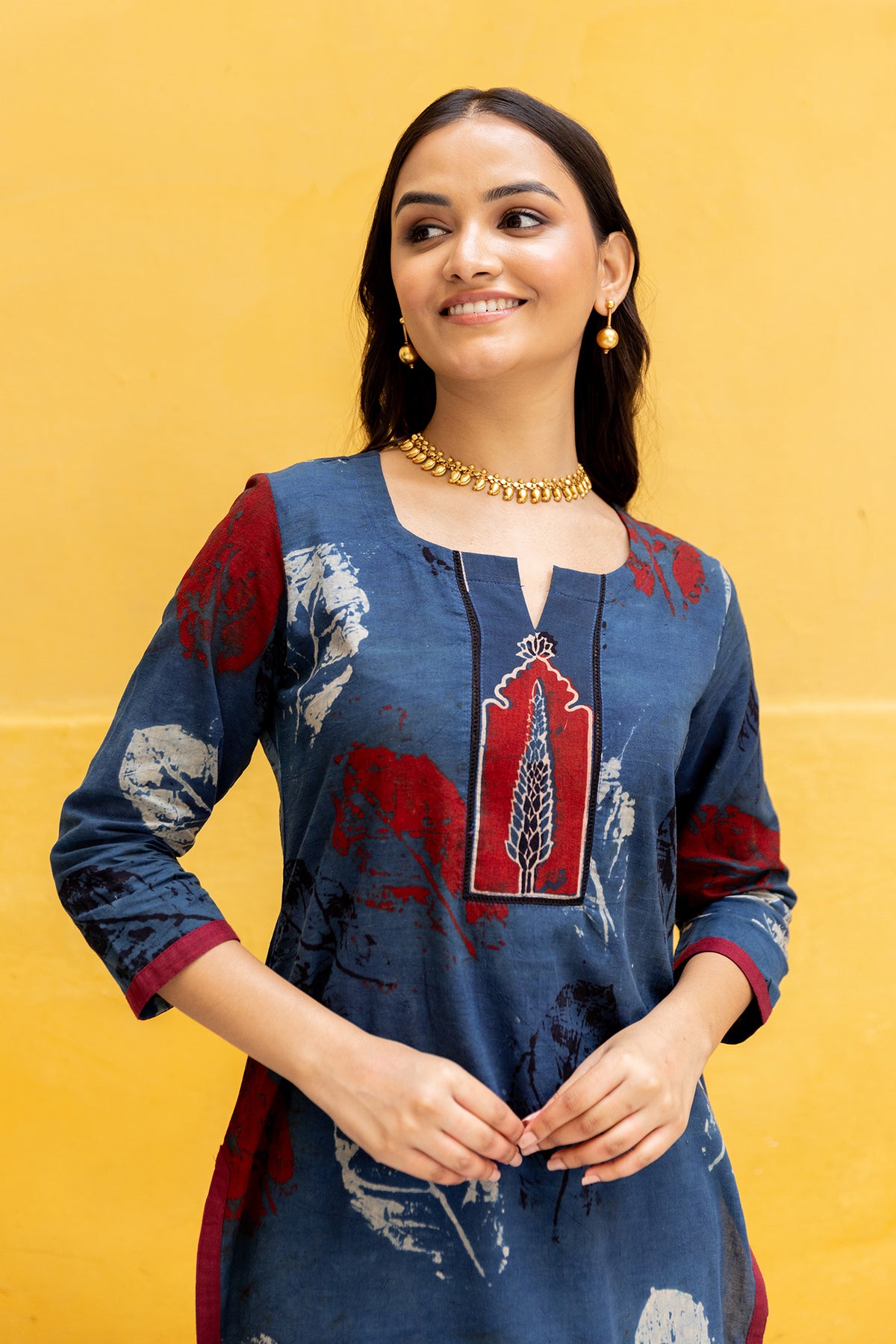 Ajrakh Blue Abstract leaf Print Kurta with Patchwork