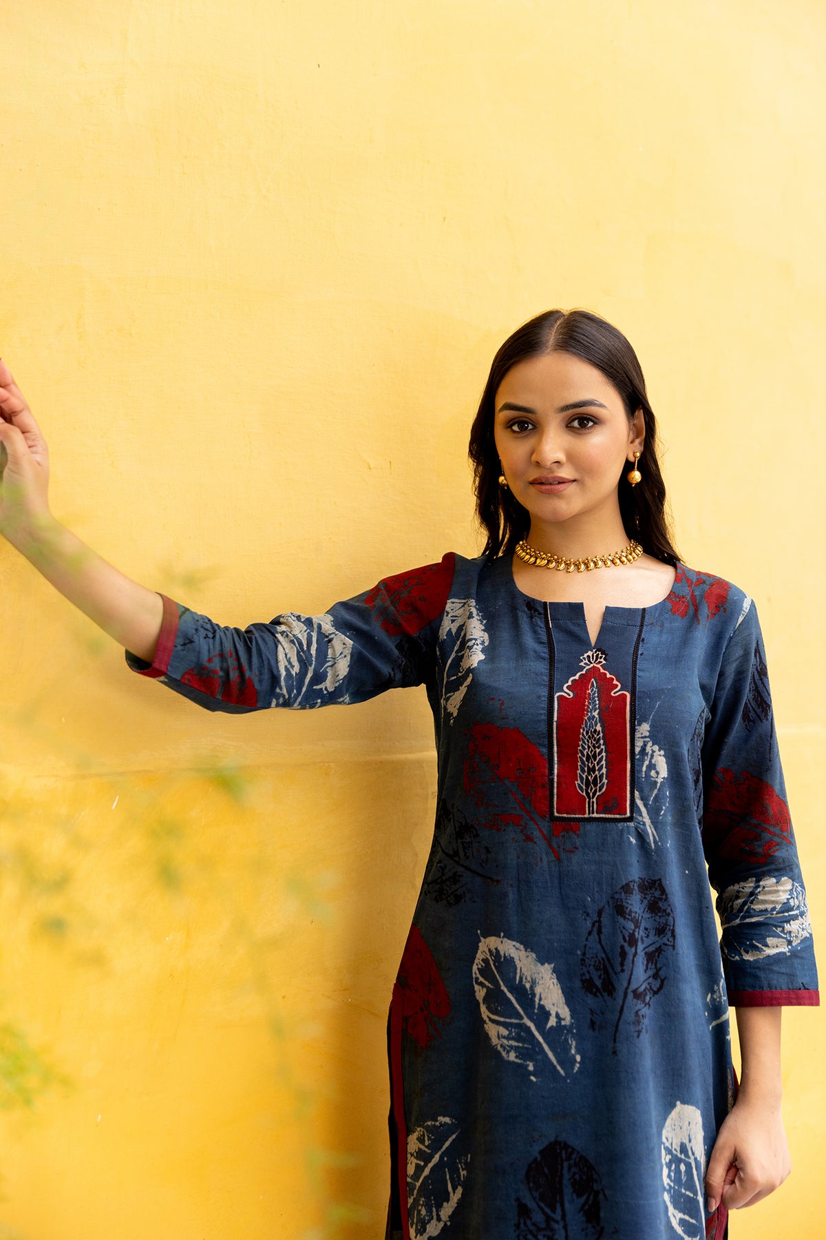 Ajrakh Blue Abstract leaf Print Kurta with Patchwork