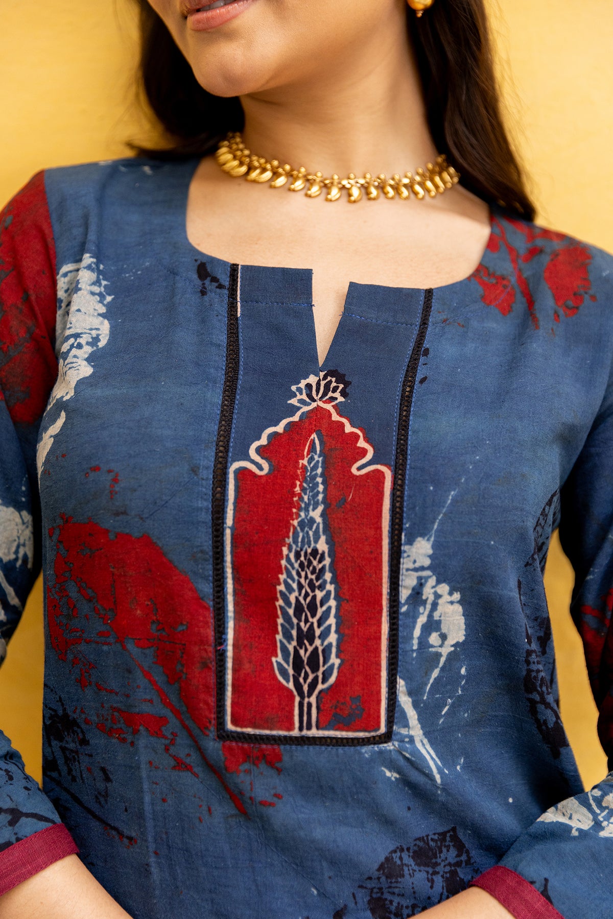 Ajrakh Blue Abstract leaf Print Kurta with Patchwork