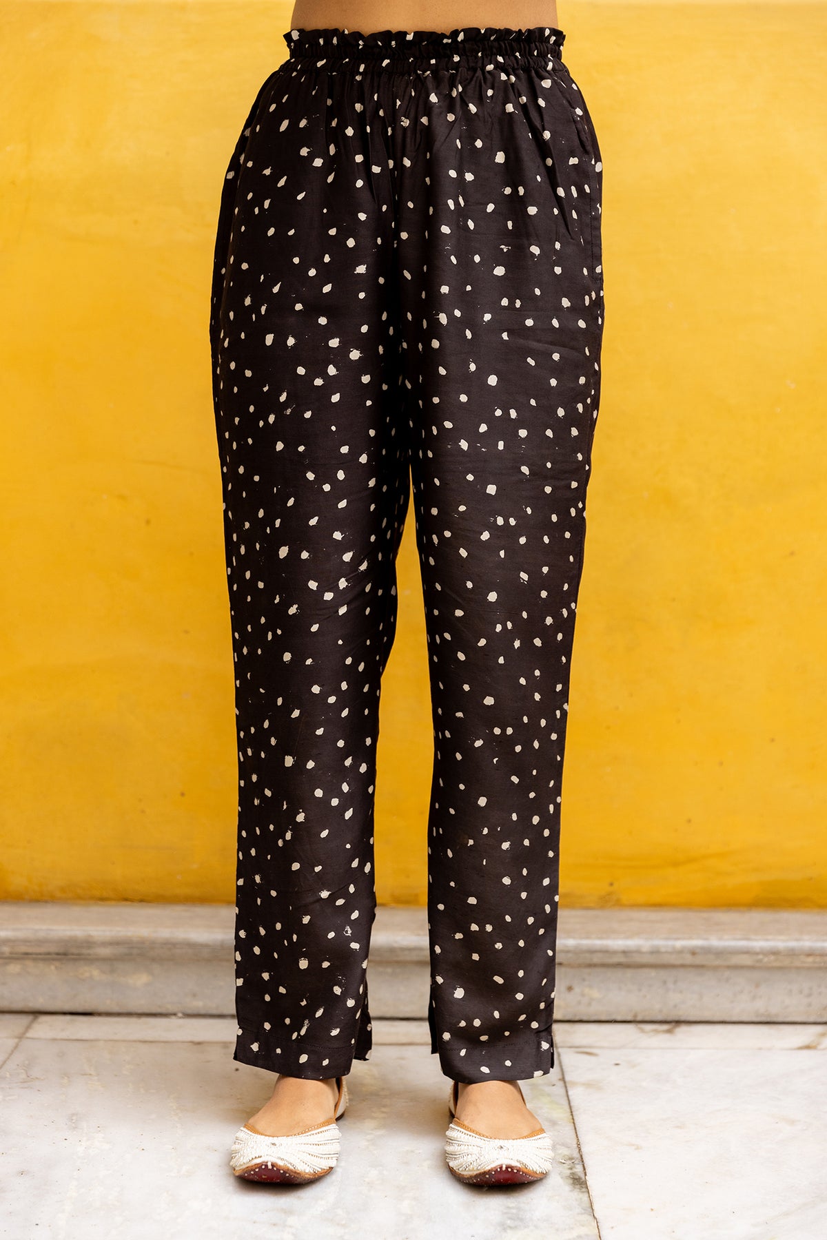 Black & White Polka Dot Muslin Pants in Bagru Block Print