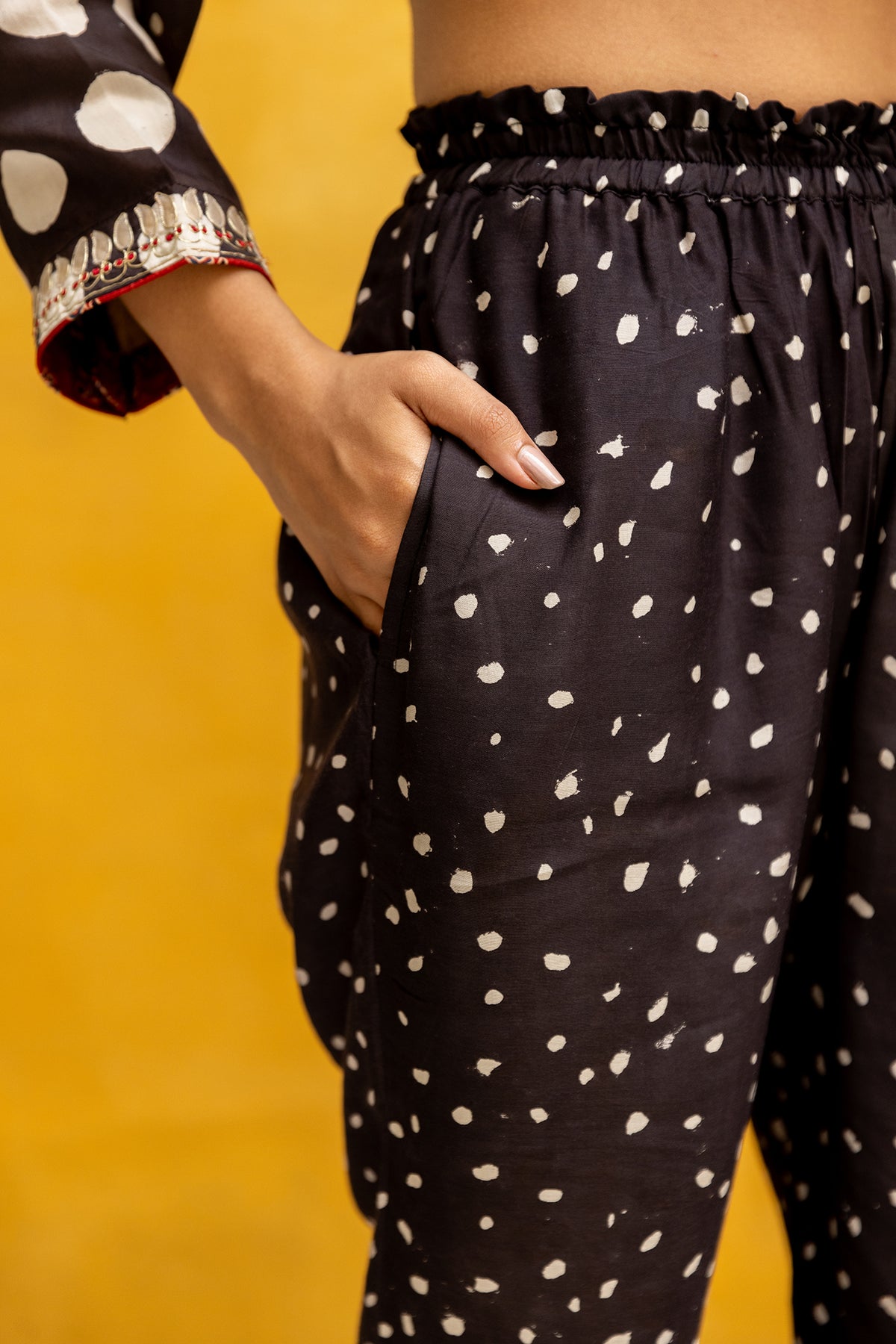 Black & White Polka Dot Muslin Pants in Bagru Block Print