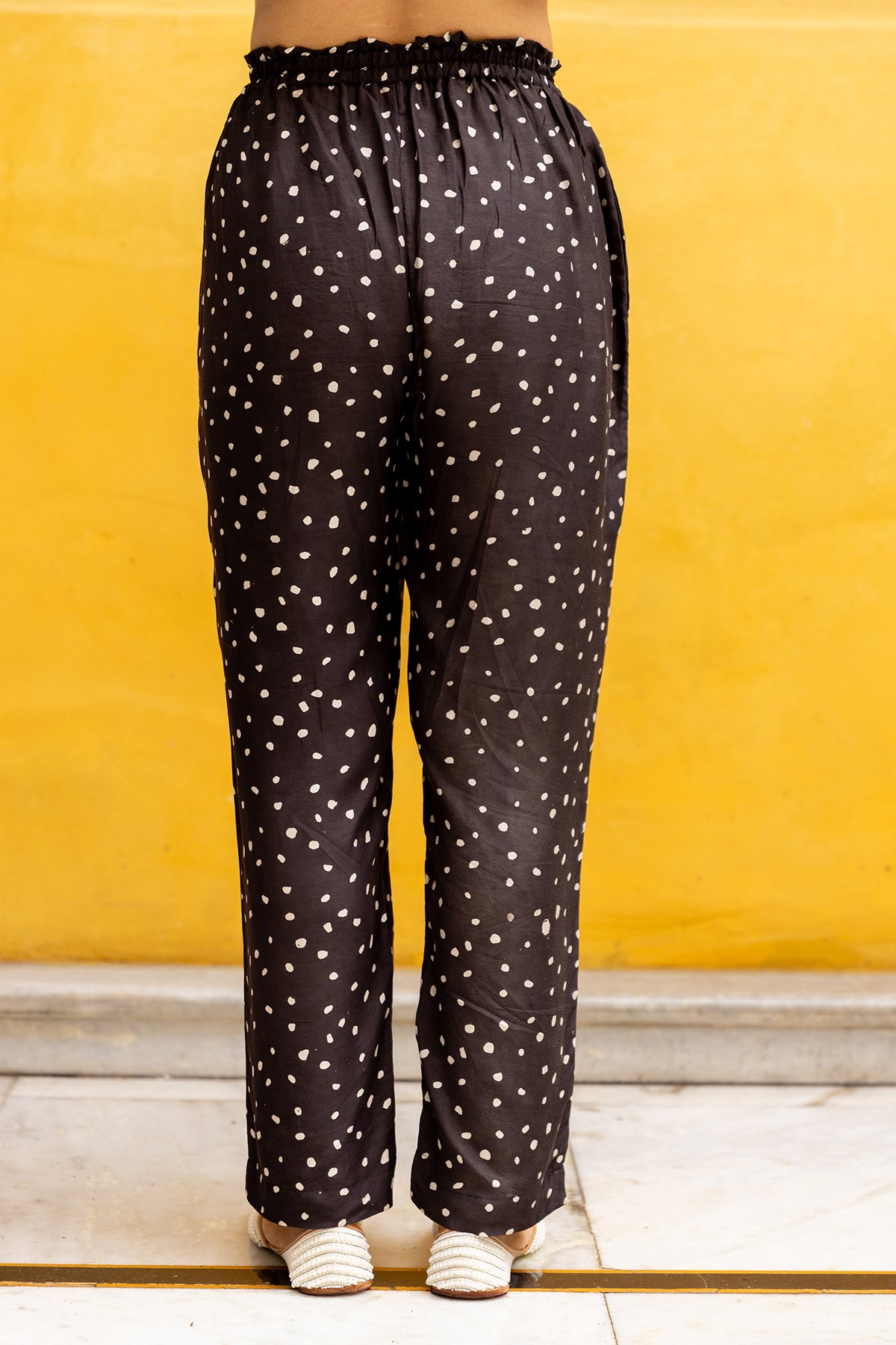 Black & White Polka Dot Muslin Pants in Bagru Block Print