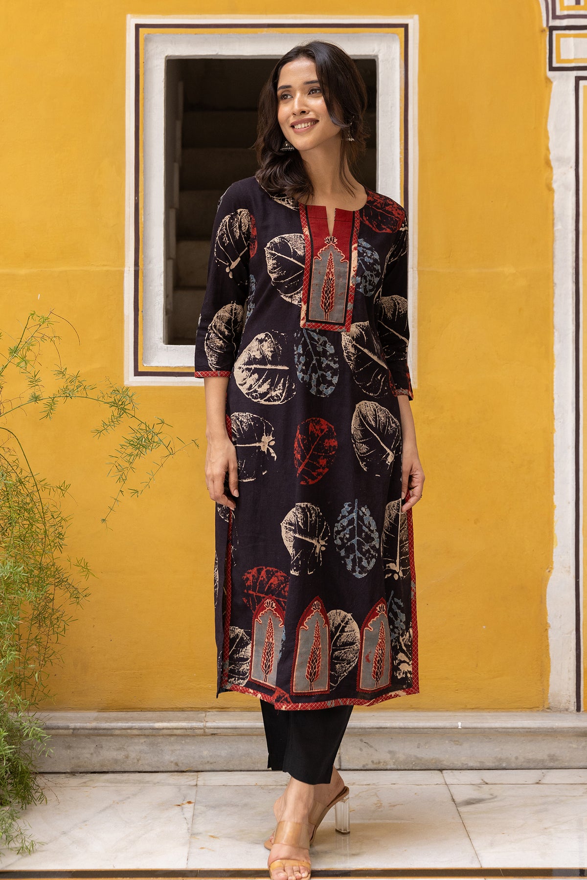 Black cotton kurta with ajrakh patchwork