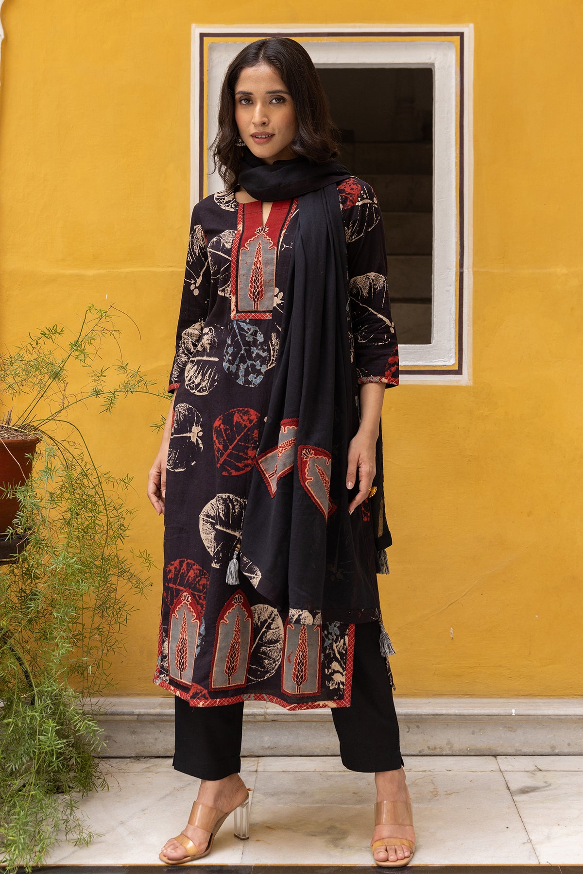 Black Cotton Dupatta with Ajrakh Patchwork and Tassels