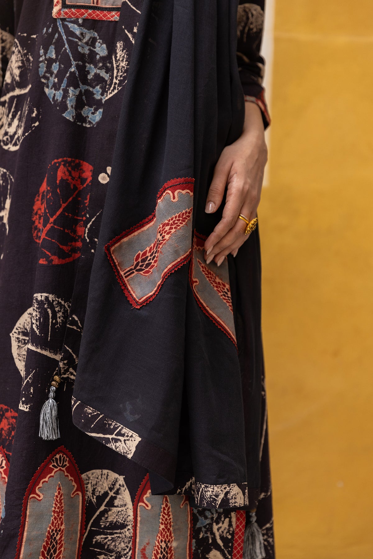 Ajrakh Abstract Handblock Print 3-Piece Suit Set with Solid Black Pants