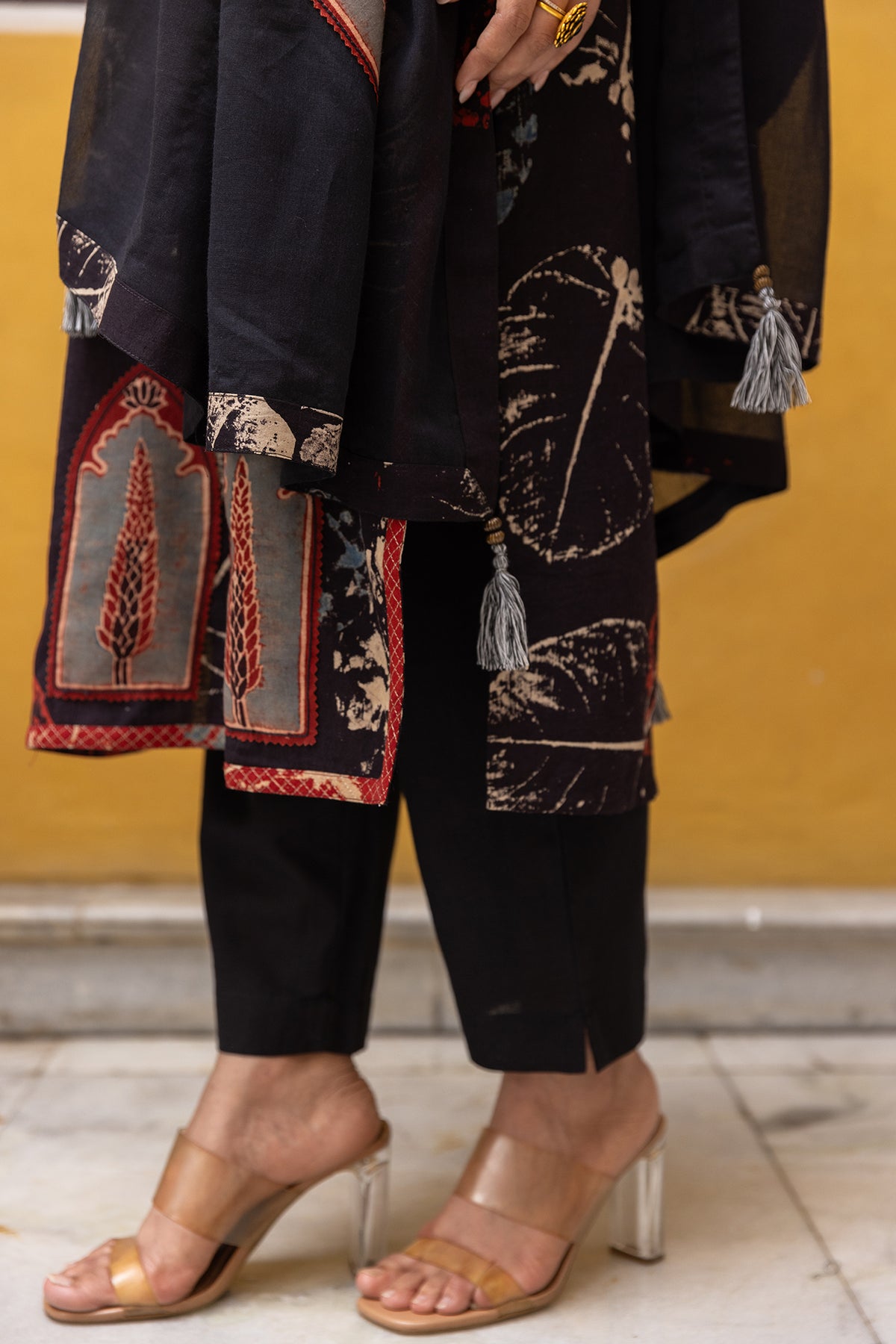 Ajrakh Abstract Handblock Print 3-Piece Suit Set with Solid Black Pants