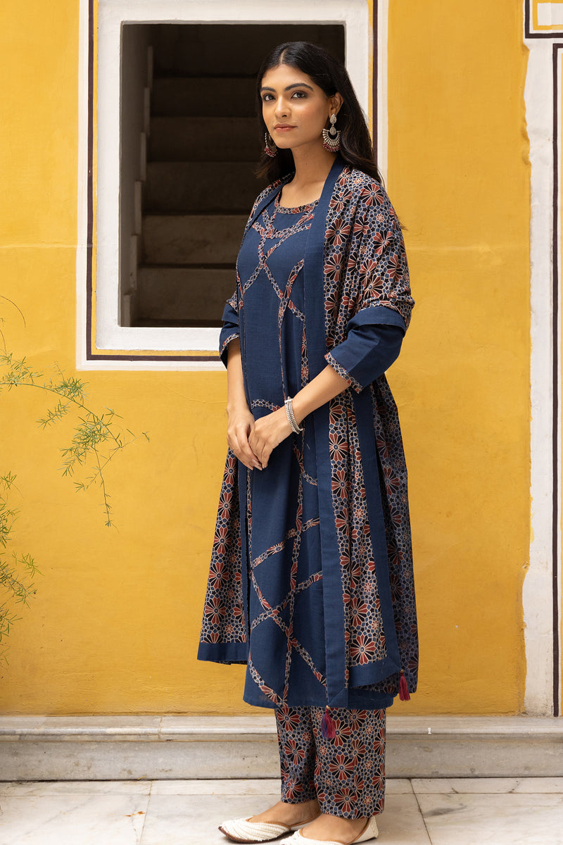 Blue - Natural Dyed Brush Design Ajrakh Print Cotton Suit Set with Dupatta for women 12 main image 0