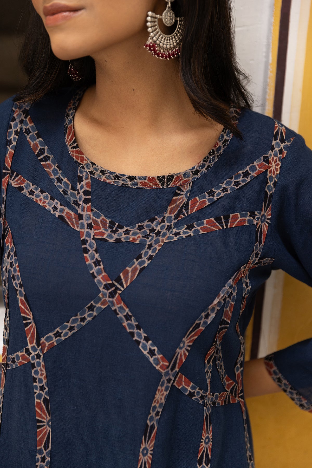 cotton kurta with ajrakh patchwork