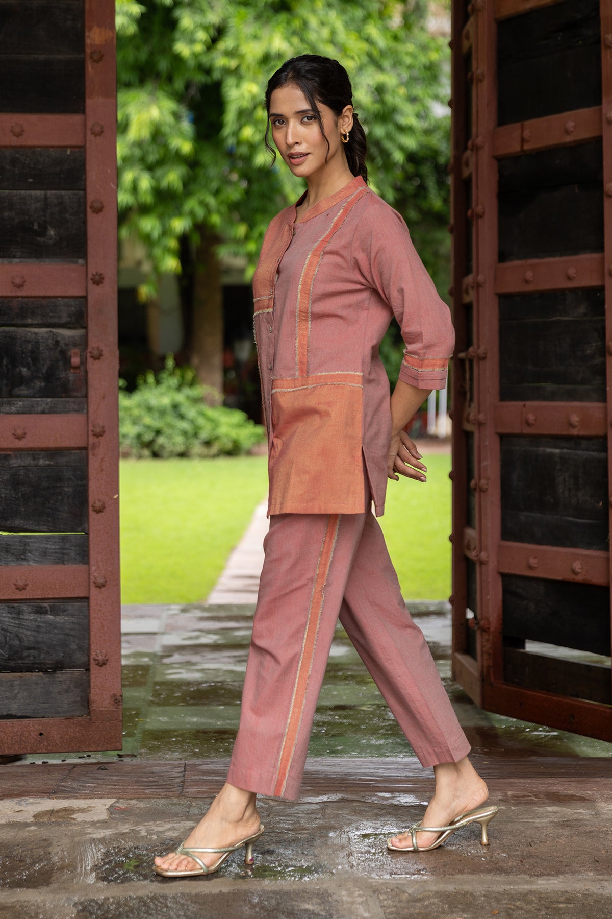 mid-length handwoven co-ord set for women with zari shimmer