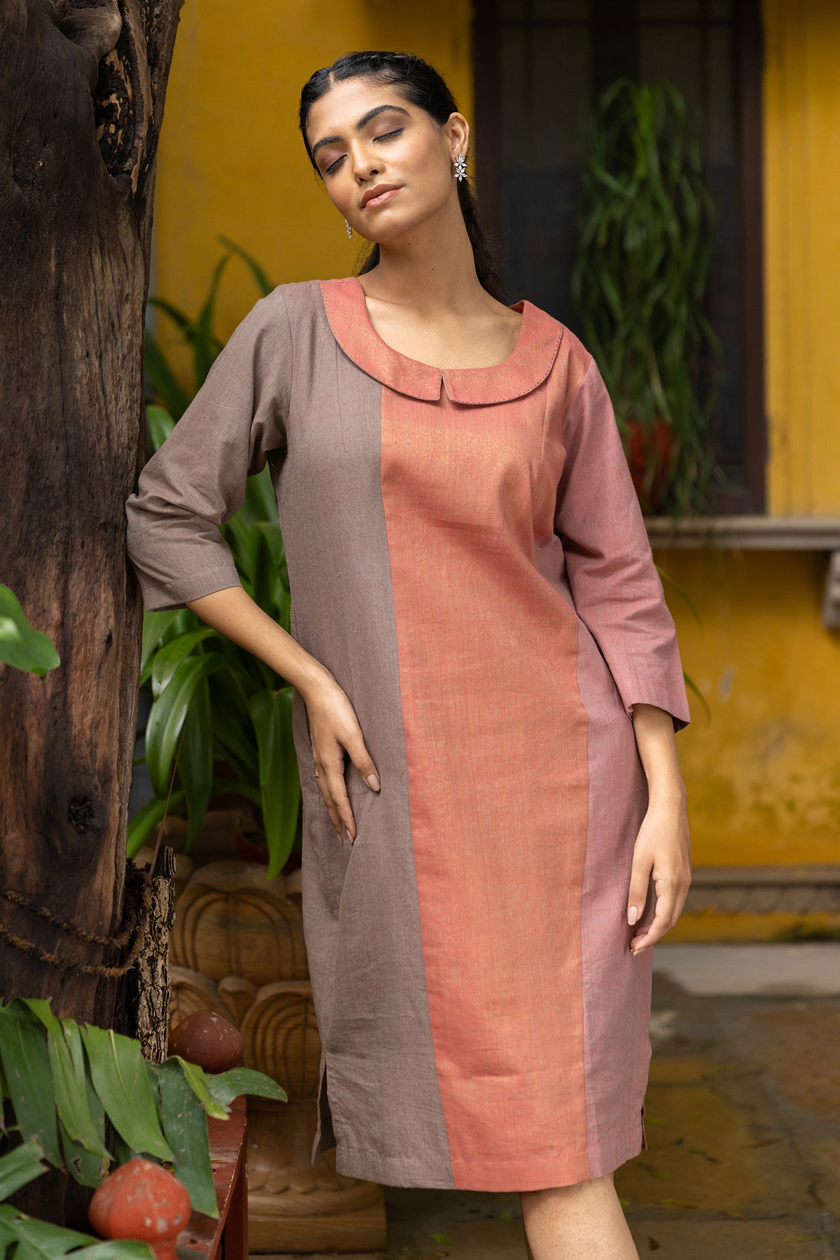 Mid-Length Handwoven Dress with Zari Cotton and Thread Work
