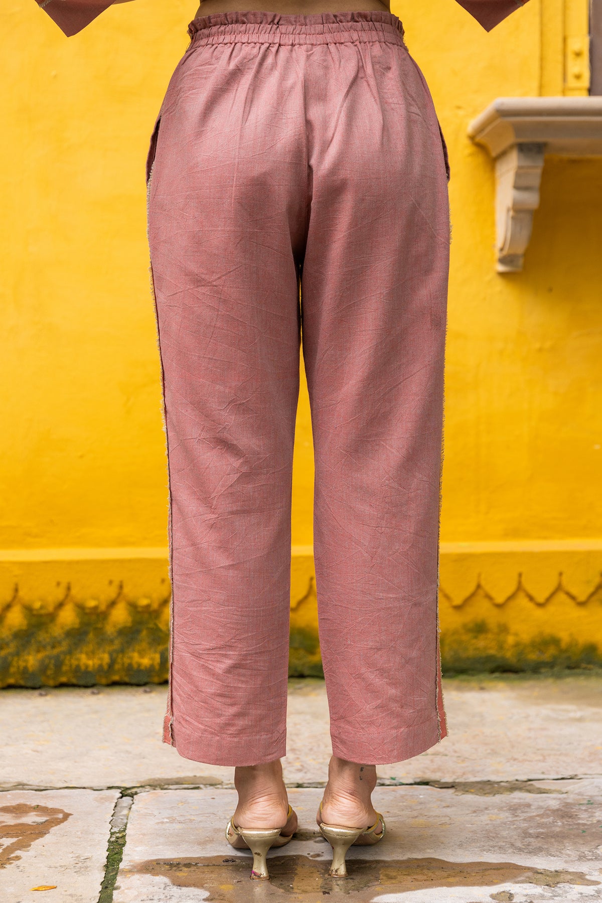 Yarn-Dyed Cotton Zari Pants with Elastic Waistband and Pockets