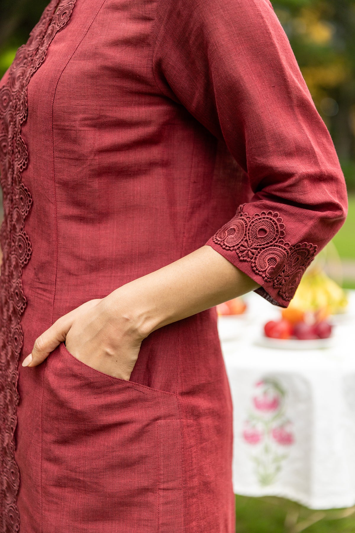 Long Maroon Linen Kurta with Lacework and Qureshia Buttons