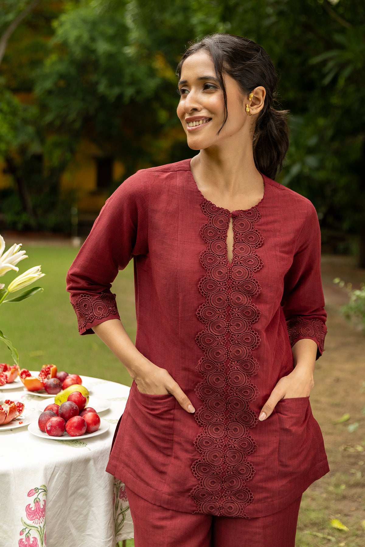 Handwoven Maroon Linen Kurti with Lacework and Qureshia Buttons
