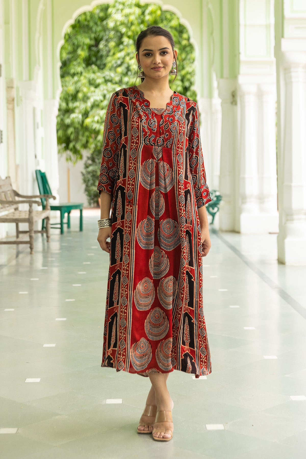 Red Modal Pleated Dress with Ajrakh Hand Block Print