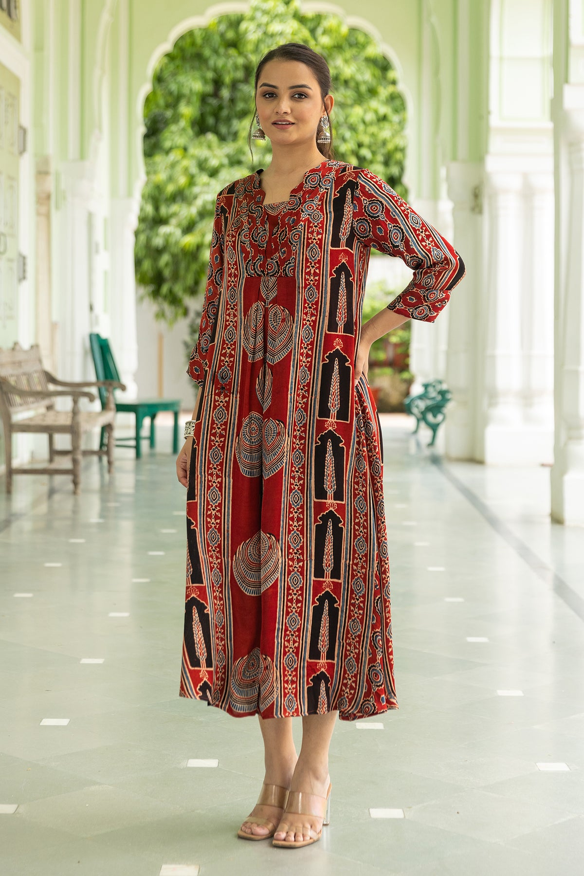 Red Modal Pleated Dress with Ajrakh Hand Block Print