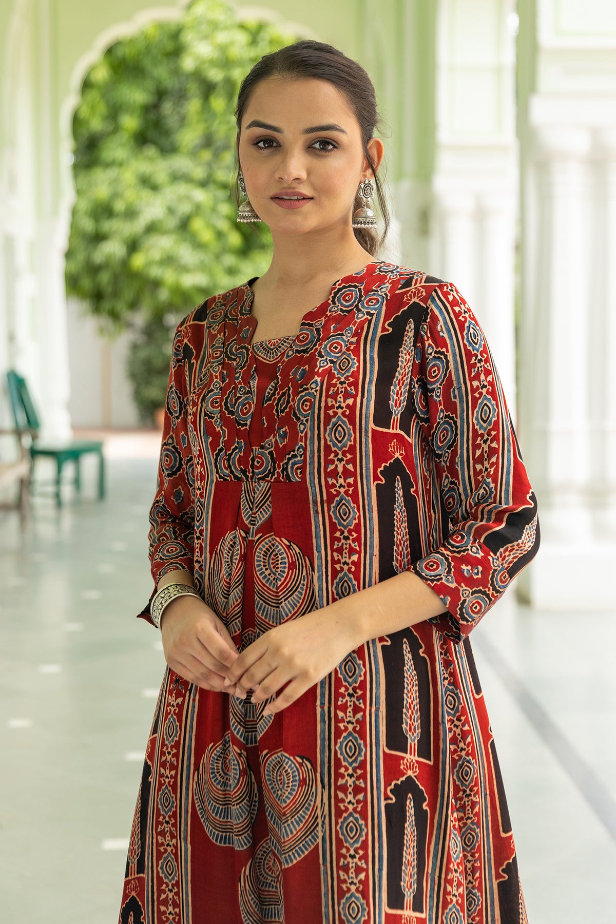 Red Modal Pleated Dress with Ajrakh Hand Block Print