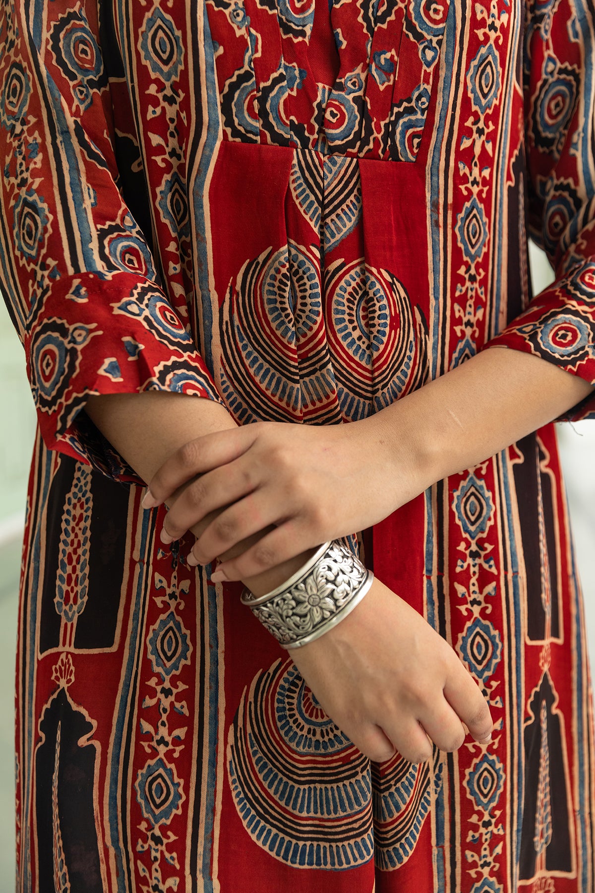 Red Modal Pleated Dress with Ajrakh Hand Block Print