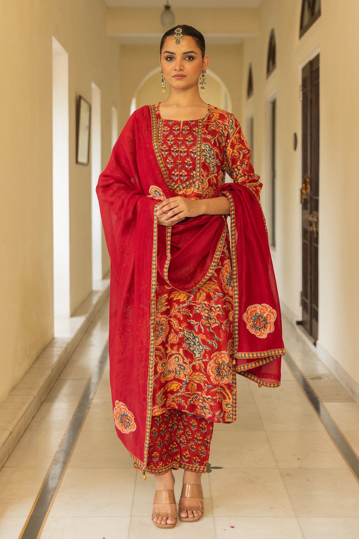 Festive Suit Set in Red Printed Muslin with Chanderi Patch Dupatta