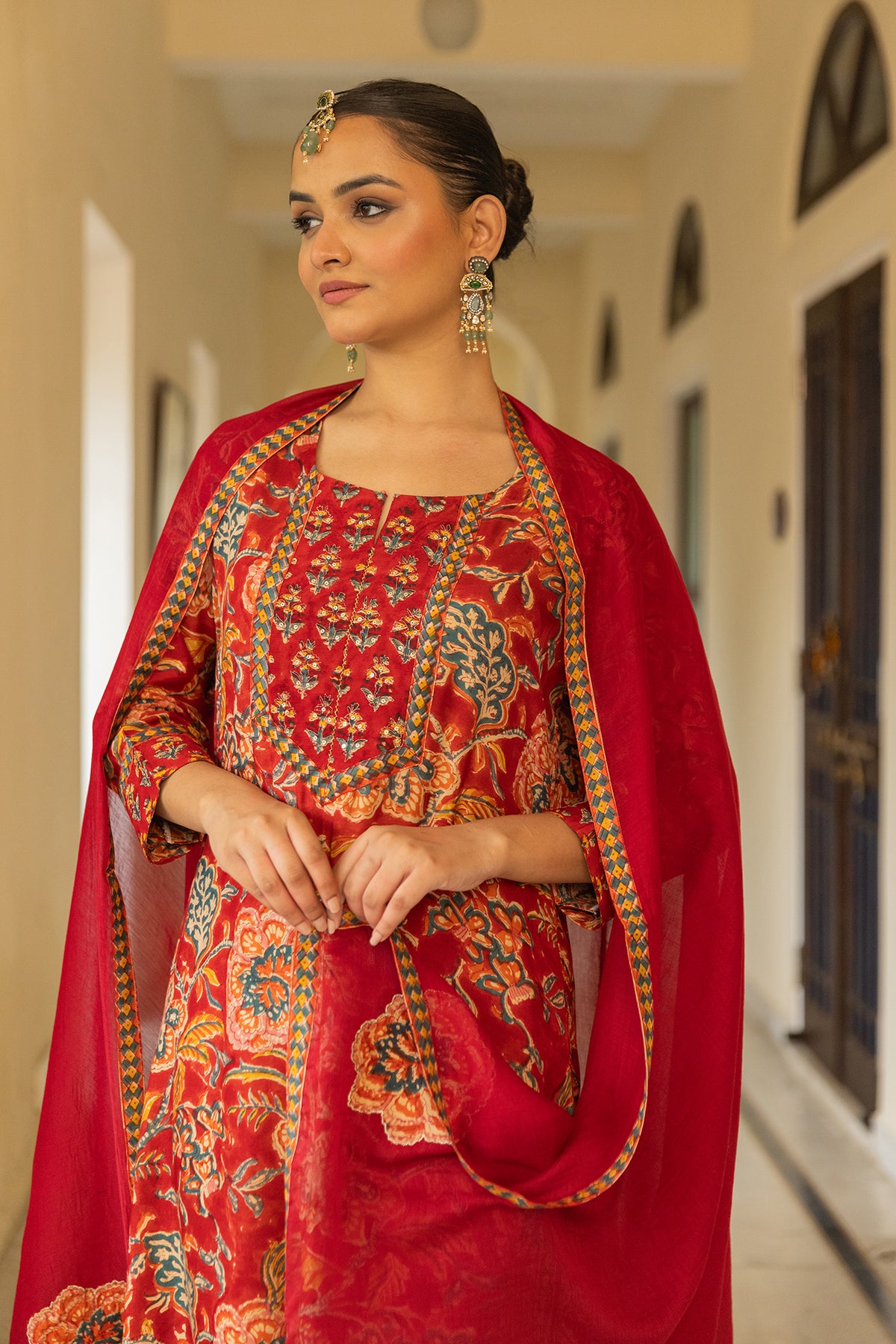 Festive Suit Set in Red Printed Muslin with Chanderi Patch Dupatta