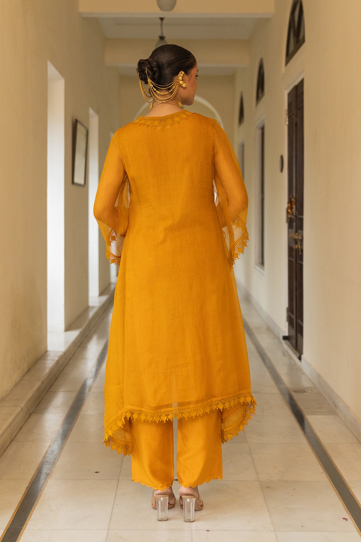 Mustard Organza Suit Set with lace detailing