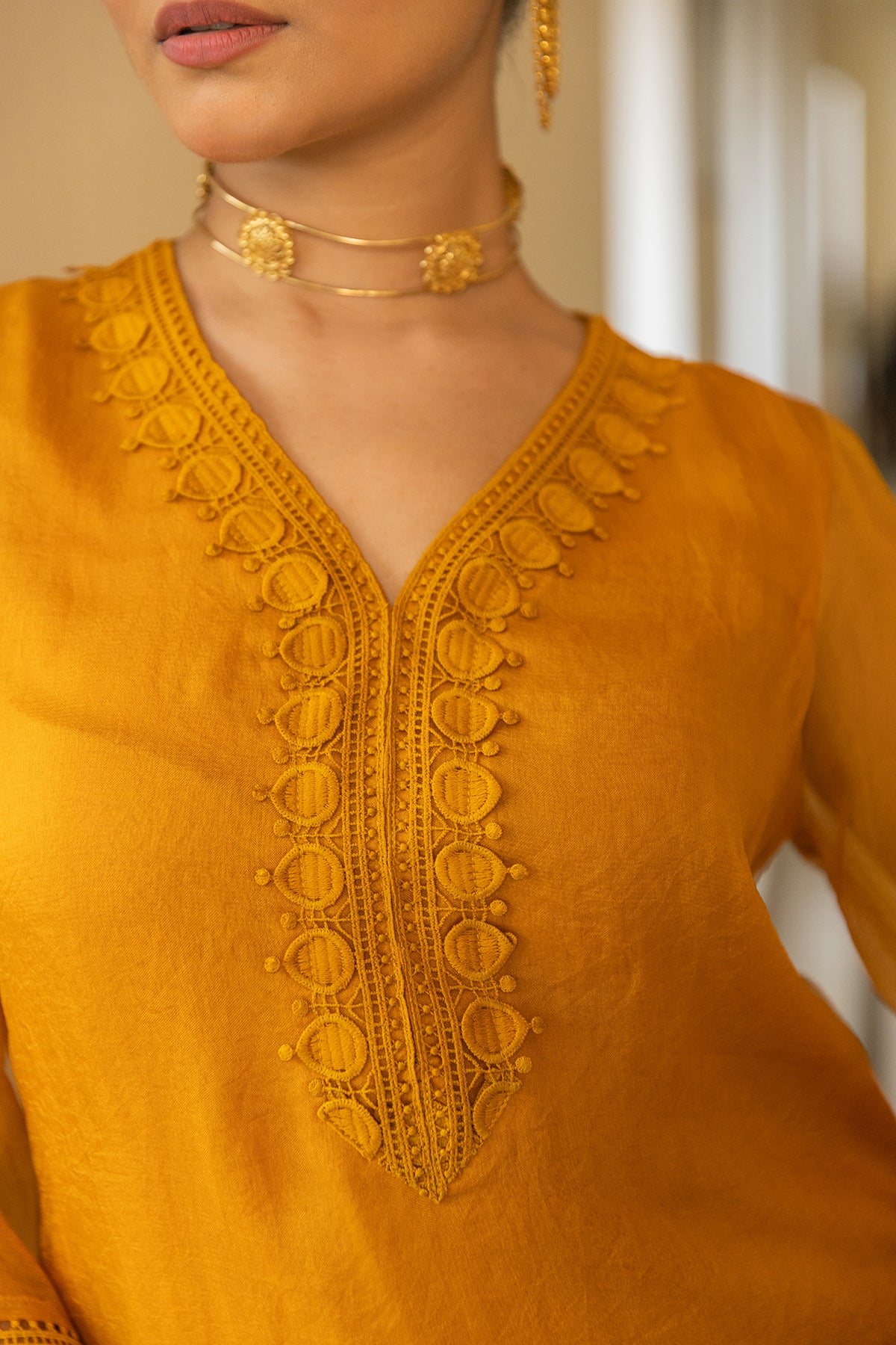 Organza Suit Set in Mustard with lace detailing