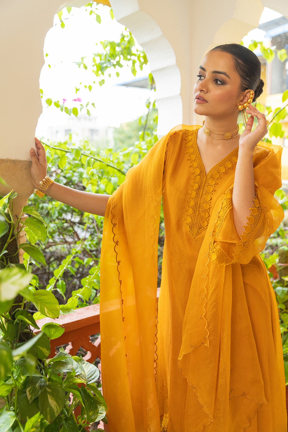 Mustard Organza Suit with chanderi dupatta and pant