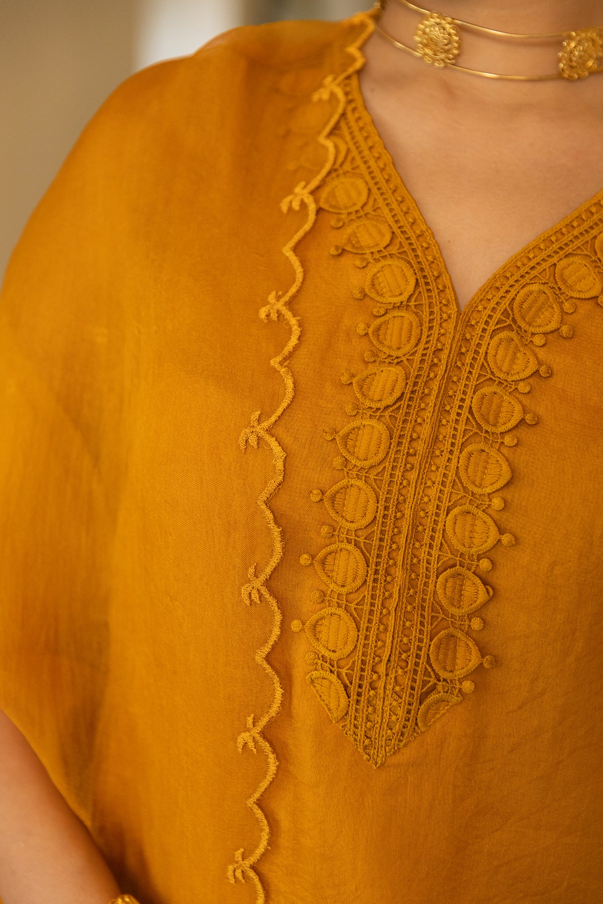 Organza Suit Set in Mustard with pant and dupatta crafted with doft chanderi