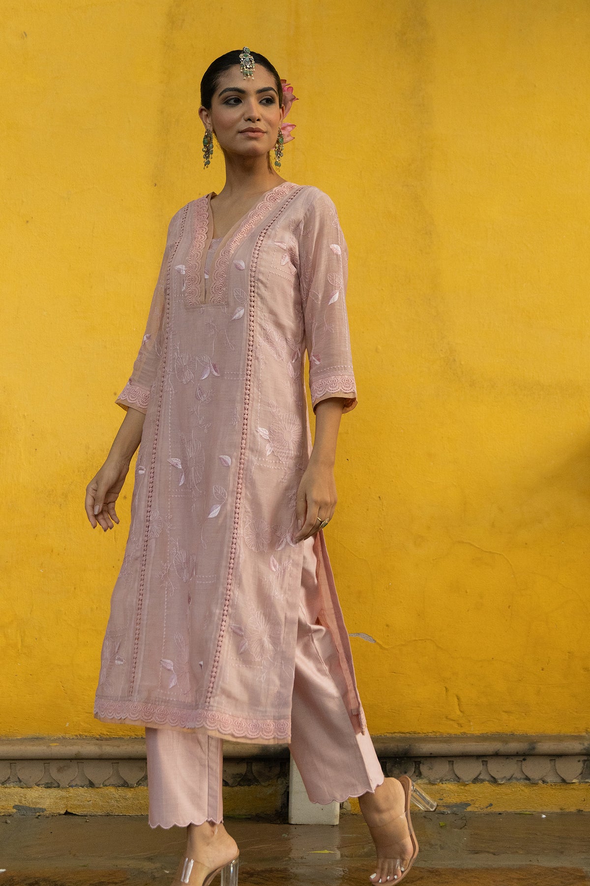 Soft Chanderi Embroidered Suit with Glittery Neck